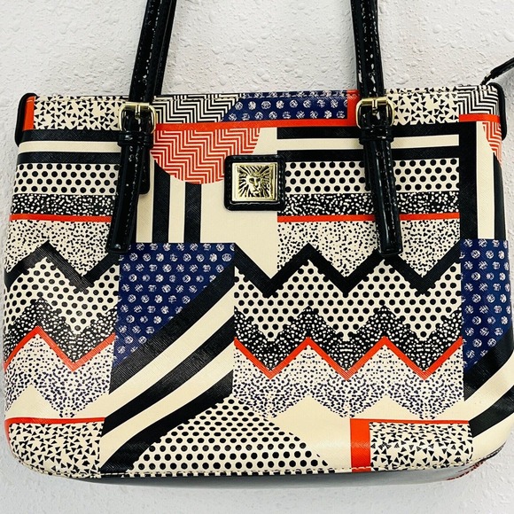 Anne‎ Klein Handbag Multicolor Chevron Polka Dot Stripe Faux Leather Patent Trim - Picture 2 of 10